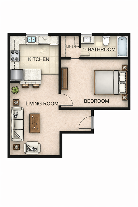 Floor plan for 1 bed, 1 bath, 685 sqft